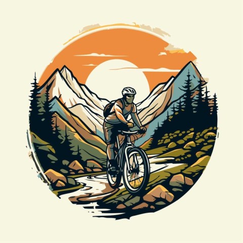 Mountain biker riding a bike in the mountains. Vector illustrati