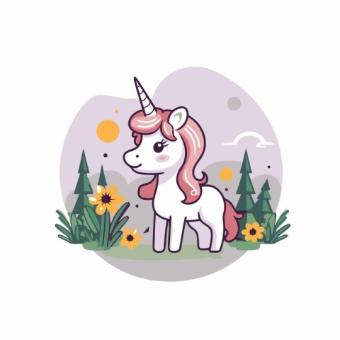 Cute cartoon unicorn in the forest. Vector illustration in flat