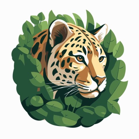 Jaguar head with leaves. Vector illustration in cartoon style.