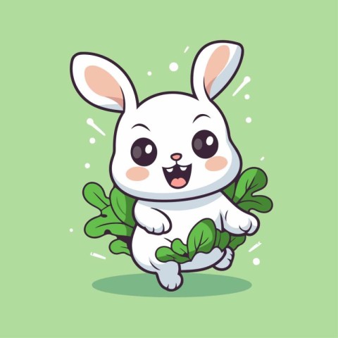 Cute bunny with green leaves. Vector illustration in cartoon sty