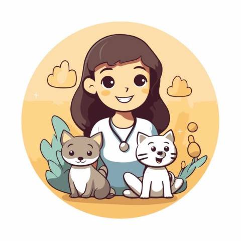 Cute little girl with cats. Vector illustration in cartoon style