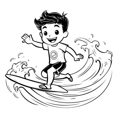 Boy surfing on a wave. black and white vector cartoon illustrati