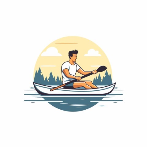 Man paddling a canoe on the river. Vector illustration in flat s