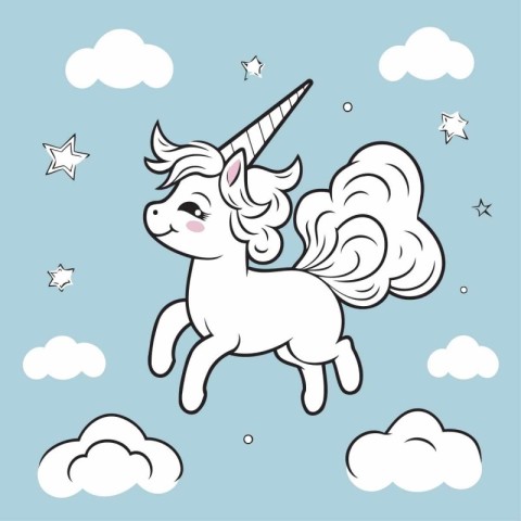 Cute unicorn with clouds and stars. Hand drawn vector illustrati