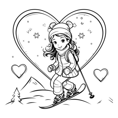 Little girl skier in the mountains. Black and white vector illus