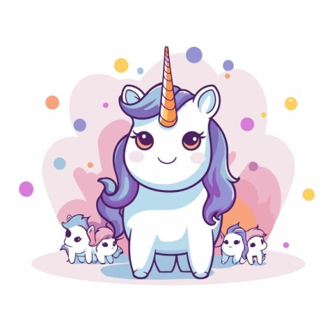 cute little unicorn with rainbow horn and little animals vector