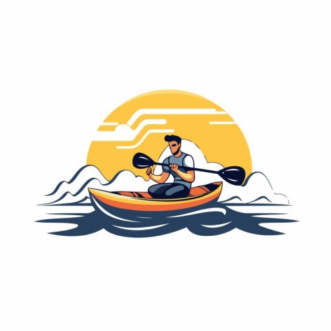 Man paddling a kayak on the sunset. Vector illustration.