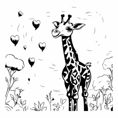 Giraffe in the meadow with hearts. Vector illustration.