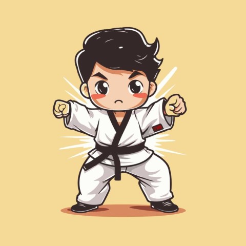 Taekwondo boy cartoon character vector illustration. Funny karat