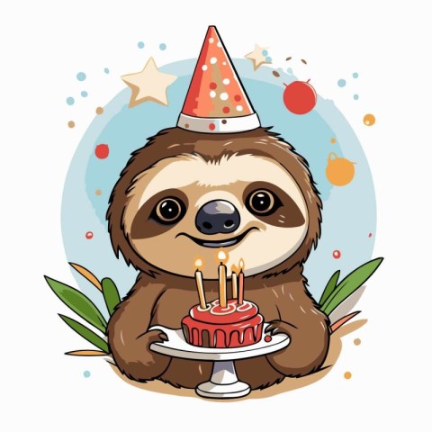 Cute cartoon sloth with birthday cake. Vector illustration on wh