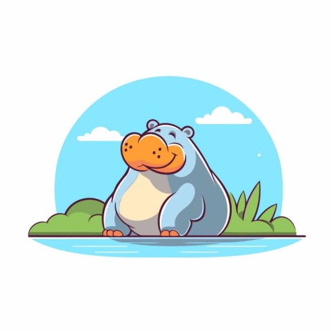 Cute hippopotamus on the background of the lake. Vector illustra