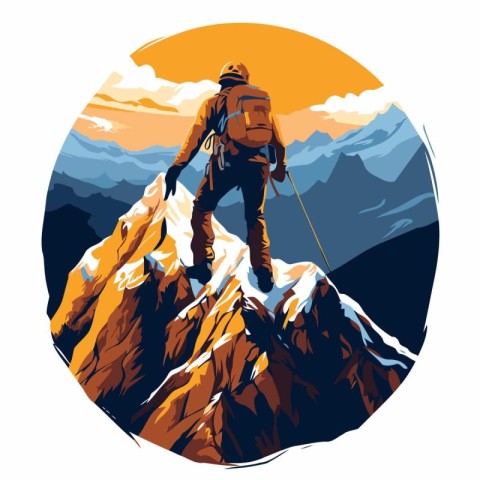 Hiker with a backpack on the top of the mountain. Vector illustr