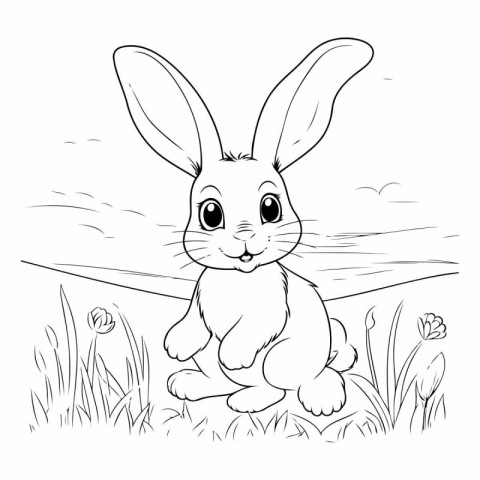 Rabbit sitting on the grass. Vector illustration for coloring bo