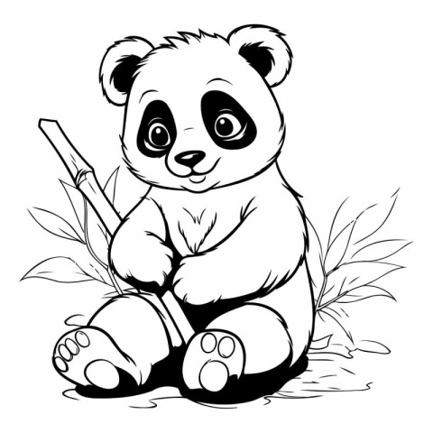 Panda sitting and holding bamboo. Vector illustration for colori