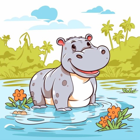 Cartoon hippo in the river. Vector illustration for your design