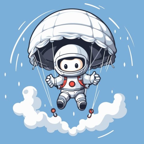 Astronaut flying in the sky with parachute. vector illustration.