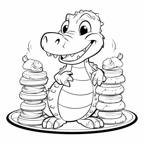 Cute crocodile with stack of pancakes. Black and white vector il