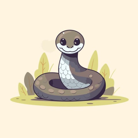 Cute cartoon snake on the grass. Vector illustration in flat sty