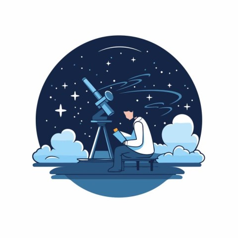 Astronaut with telescope in the night sky. Vector illustration.