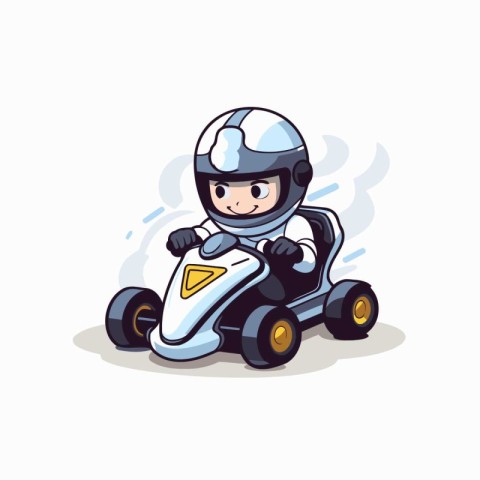 Cartoon boy driving a race car on white background. Vector illus