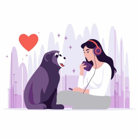 Girl listening to music with her dog. Vector illustration in fla