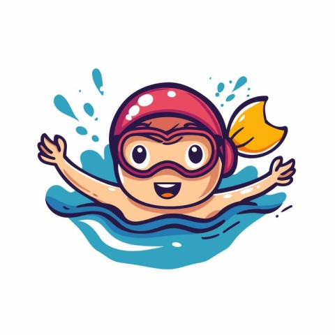 Swimming boy with goggles and cap. Vector illustration in cartoo