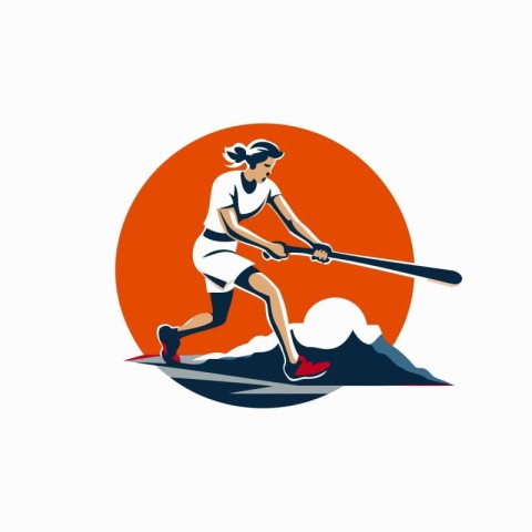 Sportswoman rowing on the mountain. Vector illustration in retro