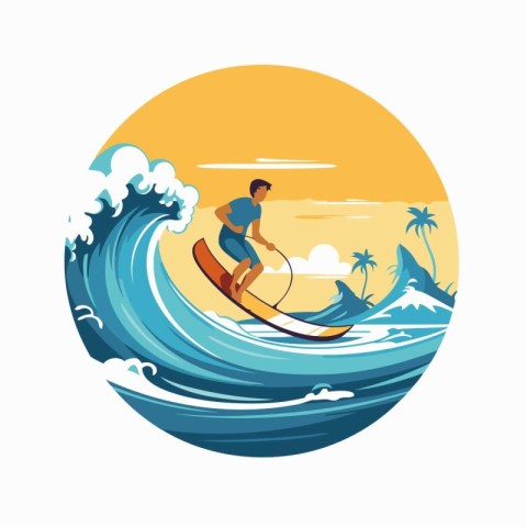 Surfer riding a wave on the beach. Vector illustration in flat s