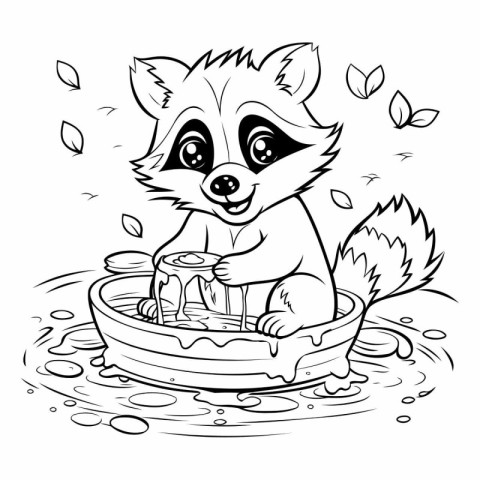 Cute cartoon raccoon drinking water. Vector illustration for col