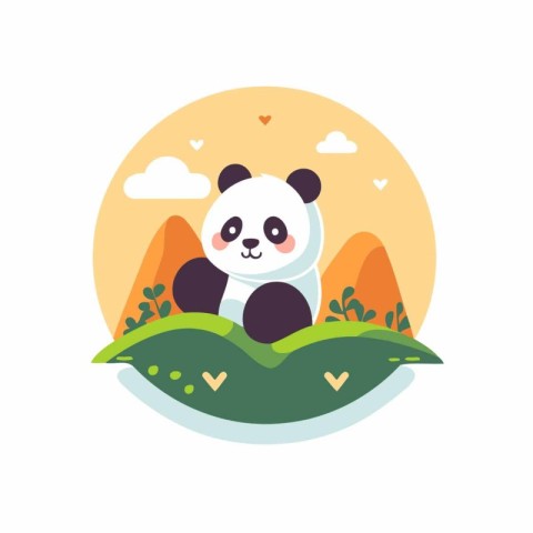 Cute cartoon panda sitting on the grass. Vector illustration.