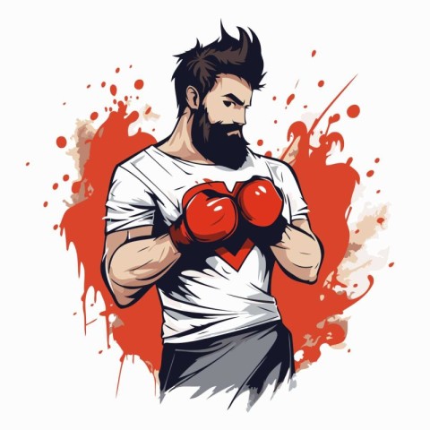 Boxer with red boxing gloves. Vector illustration in grunge styl