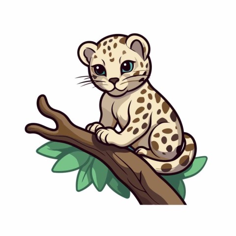 Cute cartoon leopard sitting on a branch. Vector illustration.