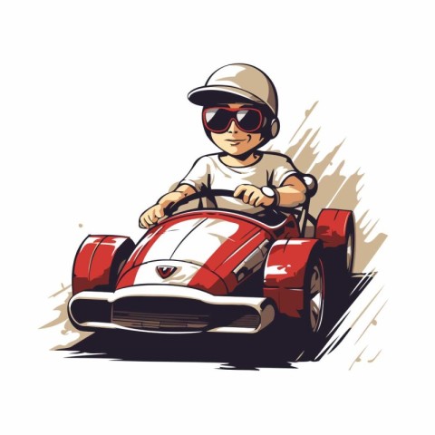 Illustration of a boy driving a vintage race car. Vector illustr