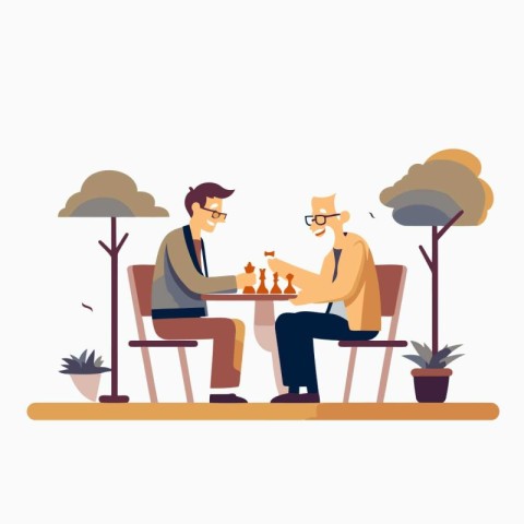 Two men playing chess in the park. Flat style vector illustratio