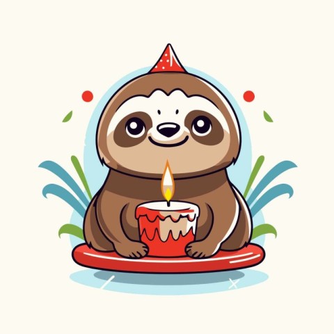 Cute cartoon sloth in party hat with candle. Vector illustration