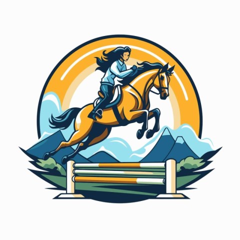 Illustration of a horse jumping over an obstacle set inside circ