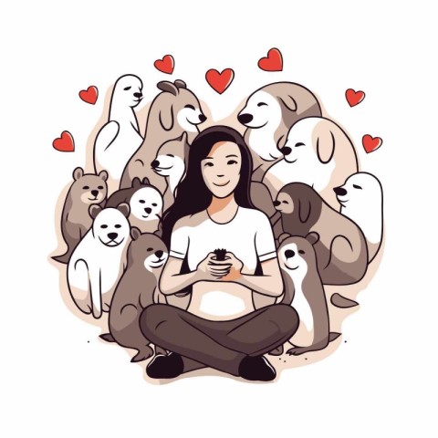 Pregnant woman sitting with her pets. Vector illustration in car