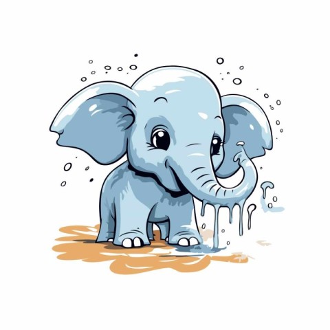 Cute cartoon baby elephant with splashes of water. Vector illust