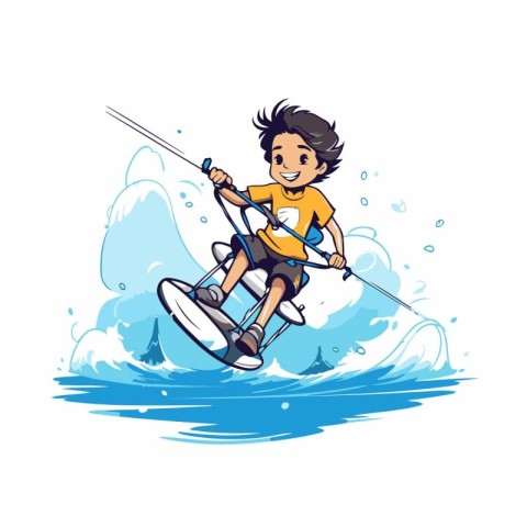 Little boy riding a wakeboard on the waves. Vector illustration.