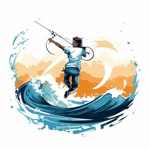 Kitesurfer on the wave. Water sport vector illustration.