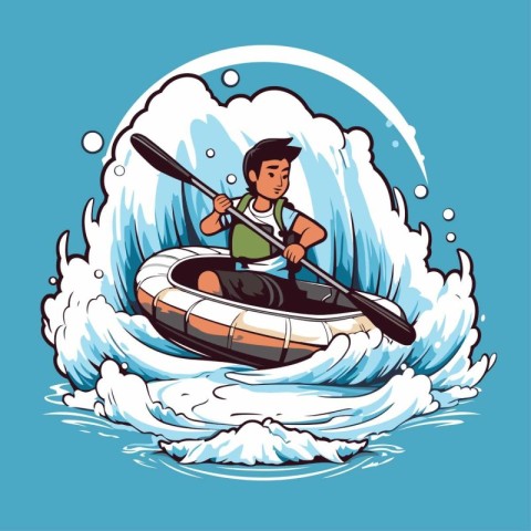 Man kayaking in the sea. Vector illustration in cartoon style.