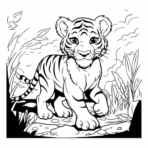 black and white vector illustration of a tiger cub standing on a