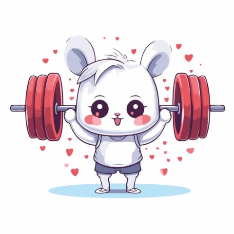 Cute cartoon mouse lifting a barbell in the gym. Vector illustra