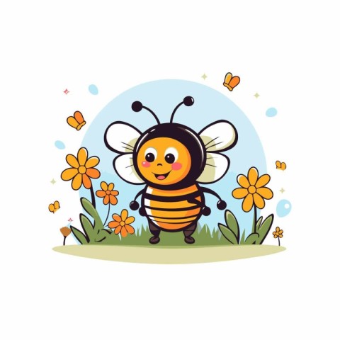 Cute cartoon bee with flowers in the garden. Vector illustration