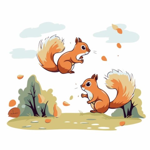 Squirrels in the autumn forest. Vector illustration on white bac