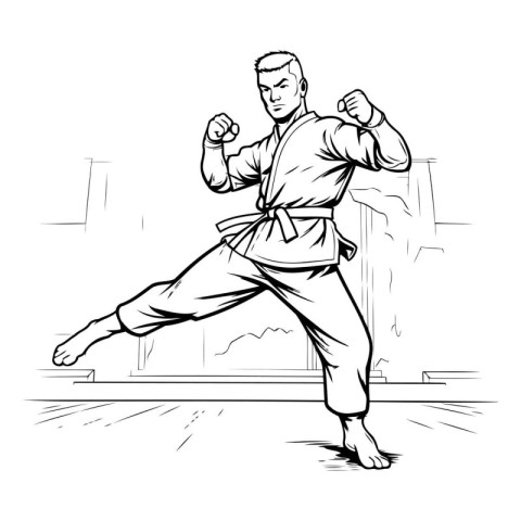 Karate man. Black and white illustration of a karate man.