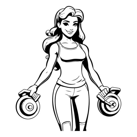 Fitness girl with dumbbells. Vector illustration in black and wh