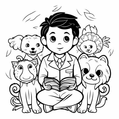 Vector illustration of a boy with a group of pets. Cartoon style