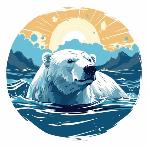 Polar bear swimming in the sea. Vector illustration in retro sty