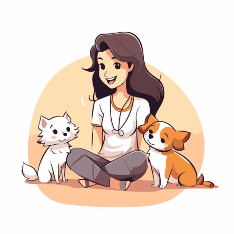 Vector illustration of a beautiful young woman with her dogs. Ca